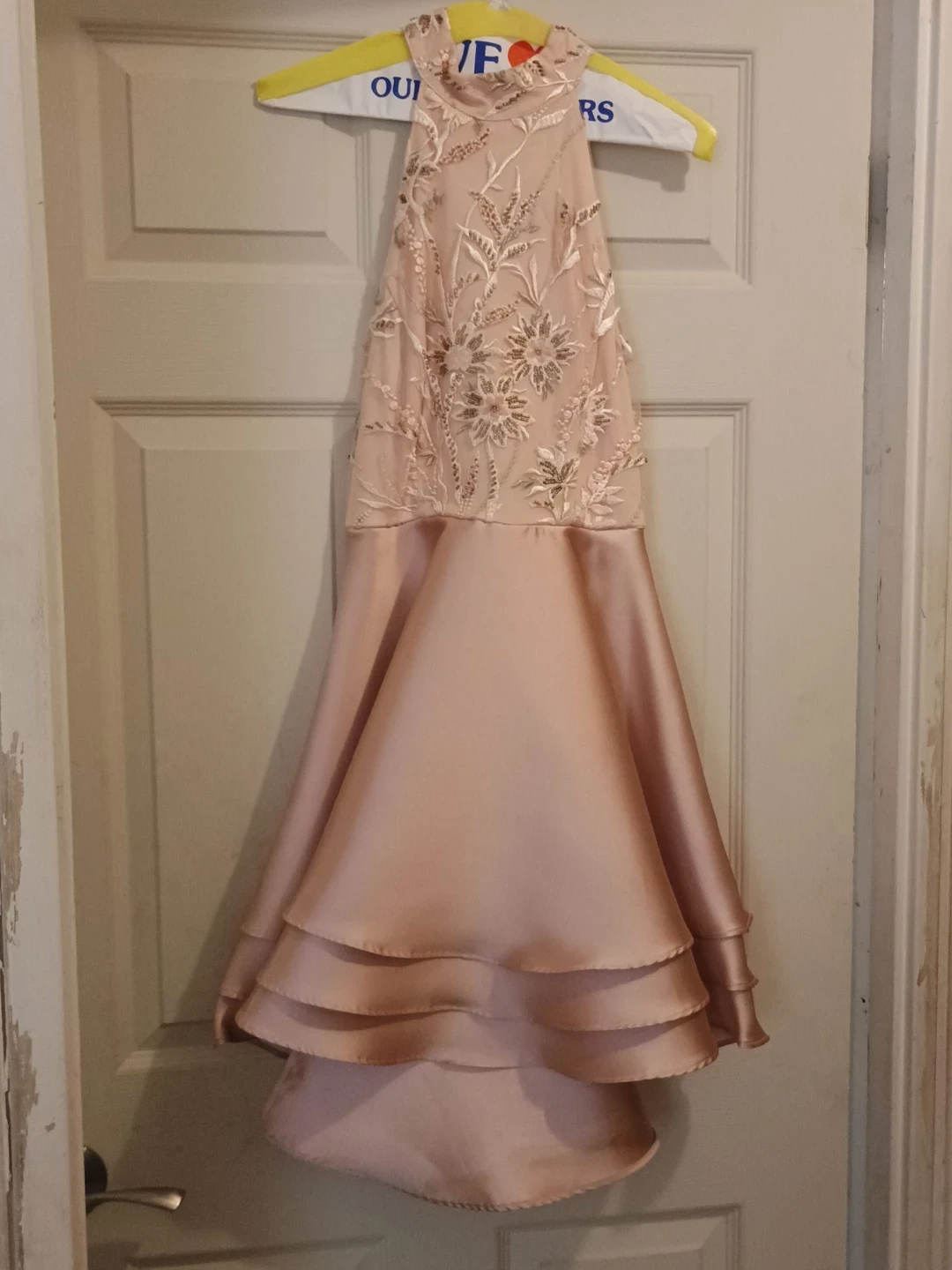 Le Chateau Champagne Floral Embroidered Halter Dress