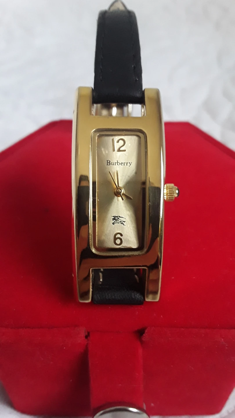 Vintage Burberry Gold-Tone Rectangular Leather Wristwatch