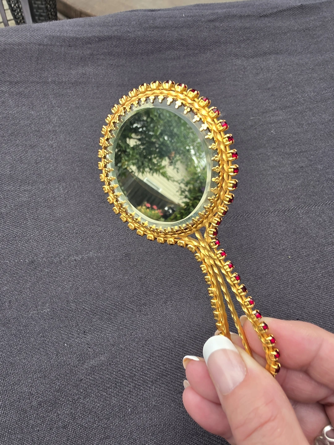 Vintage Gold Tone Hand Mirror with Red Rhinestones - photo 3