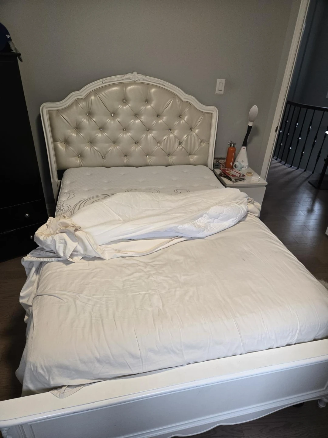 White Upholstered Bed Frame and Nightstand Set