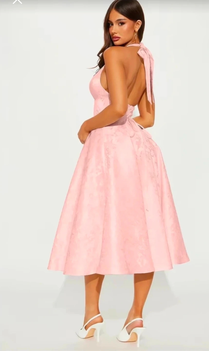 Pink Satin Jacquard Tea Length Halter Dress 🏈 - photo 3