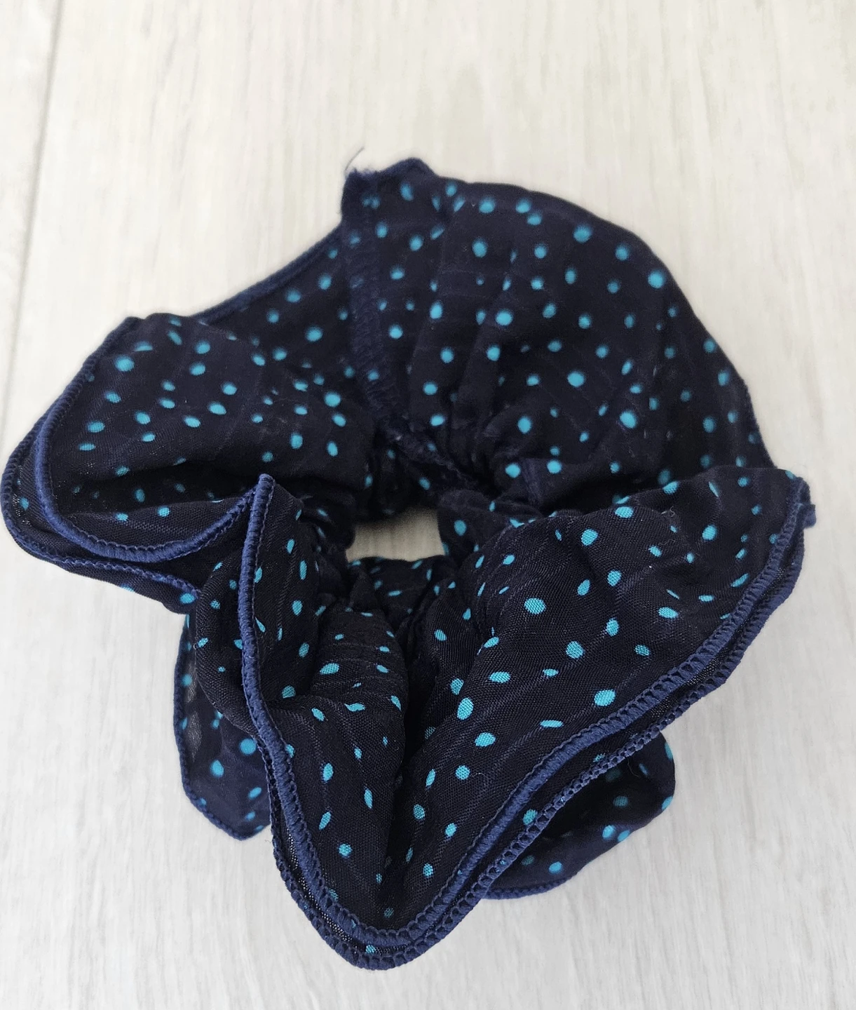 Navy and blue polka dot hair scrunchie