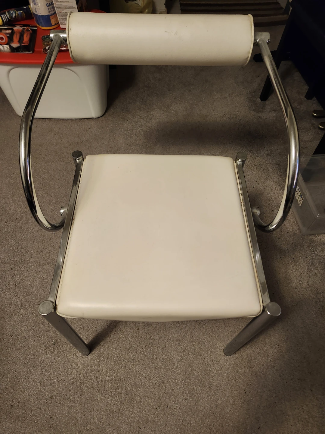 Vintage Chrome and White Faux Leather Accent Chair