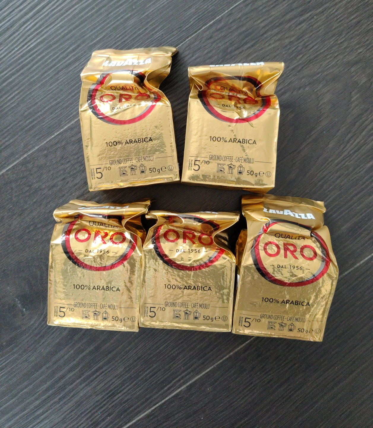 Five bags of Lavazza Qualita Oro ground coffee