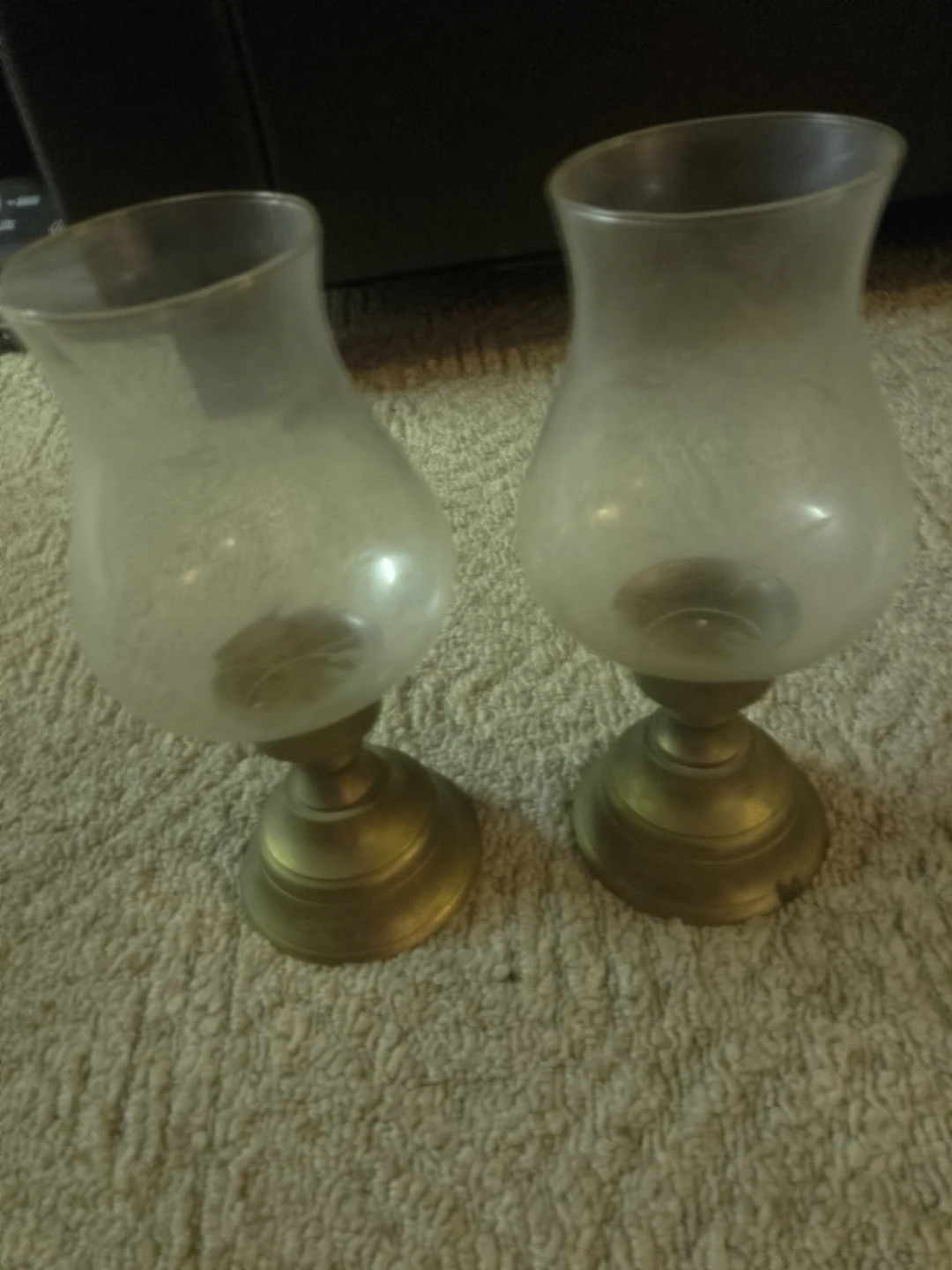 Set of Two Brass and Frosted Glass Hurricane Candle Holders