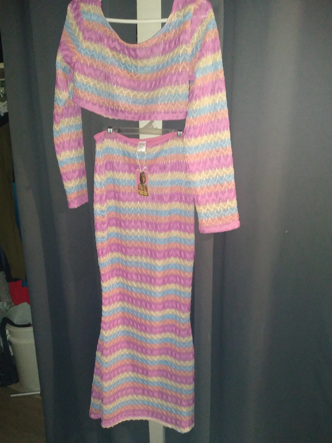 hand crocheted long skirt and crop top