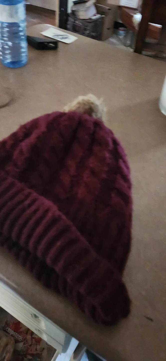 Maroon cable knit toque with pompom