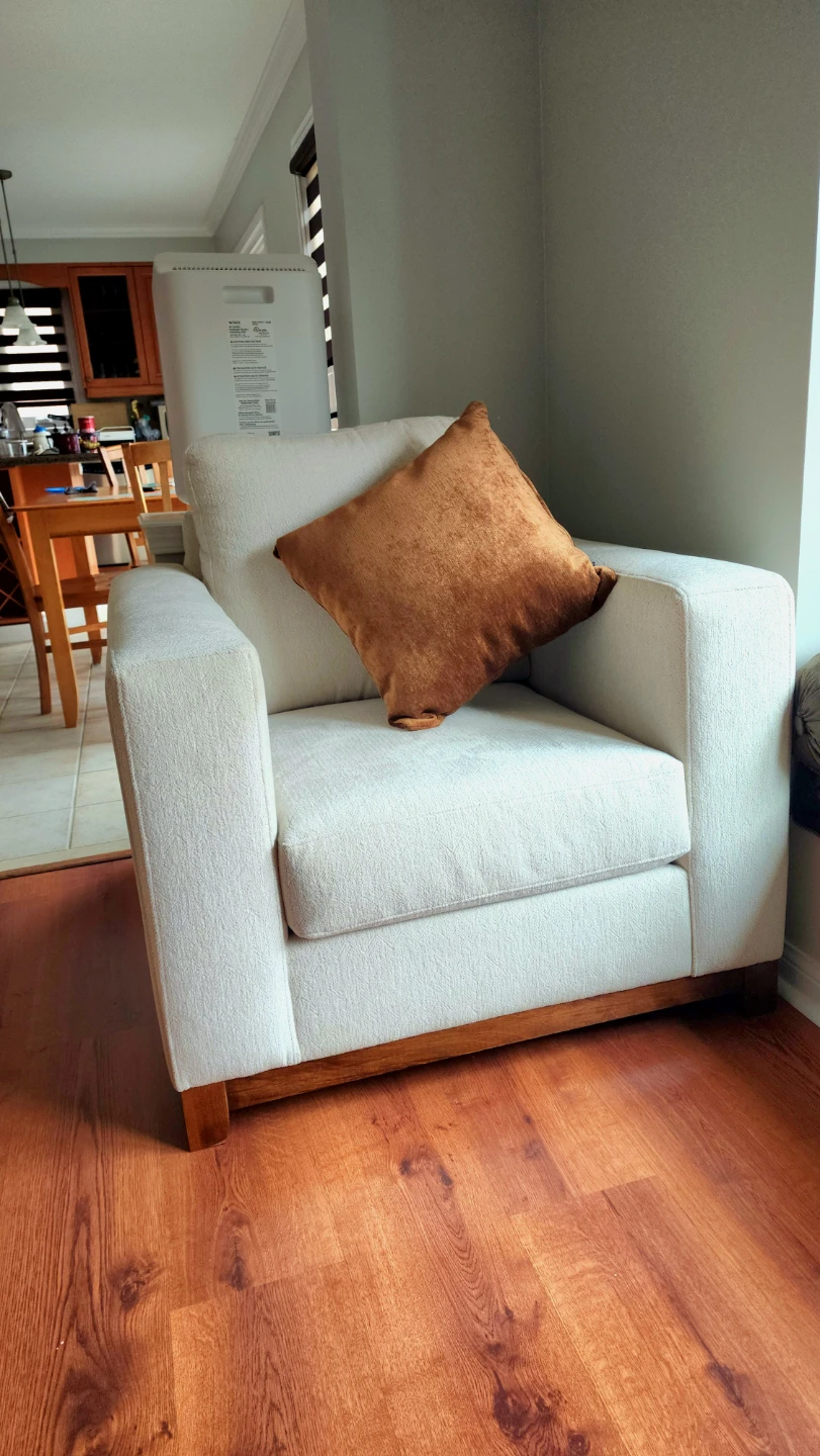 Cream Armchair with Wooden Base