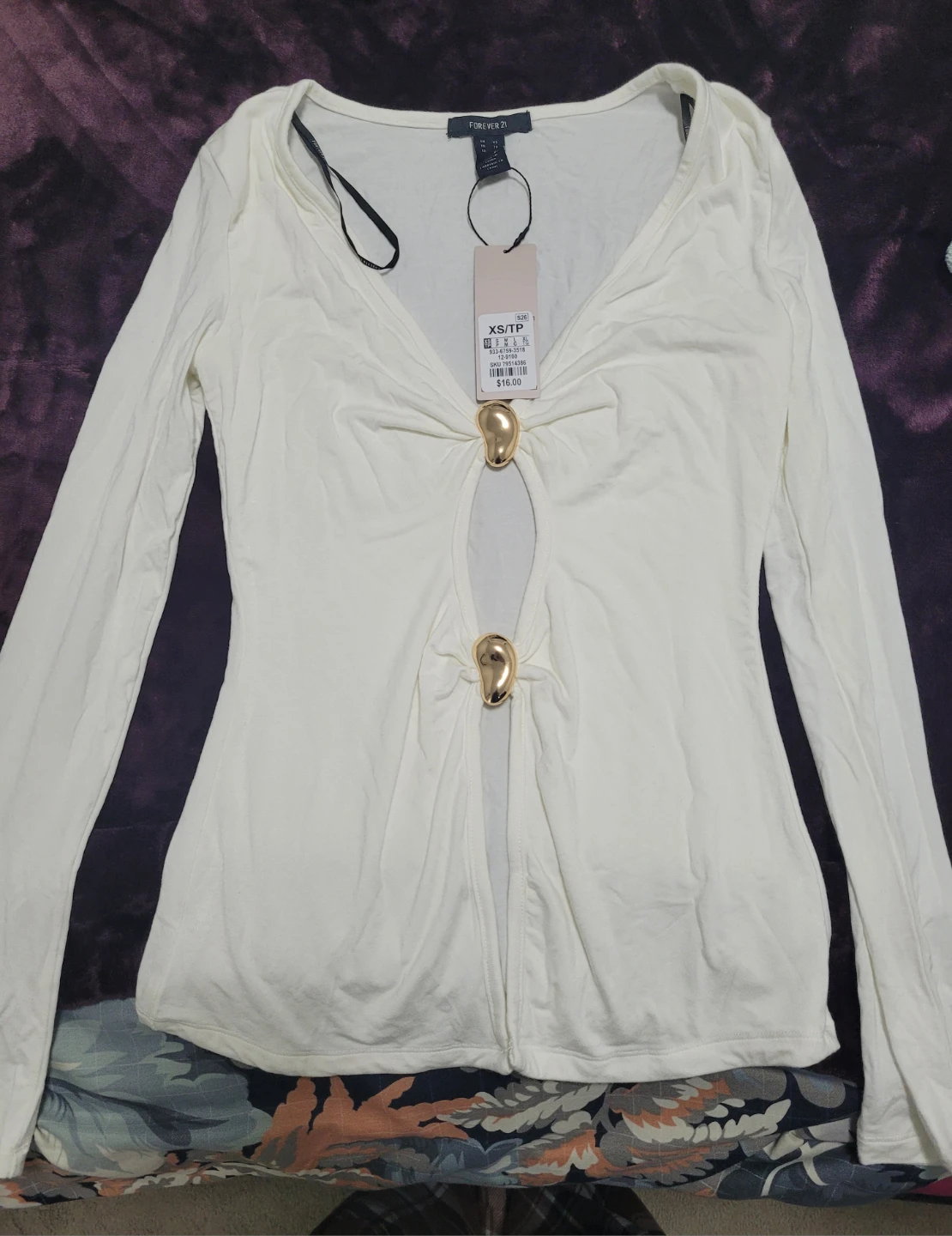 Forever 21 White Long Sleeve Top with Gold Details