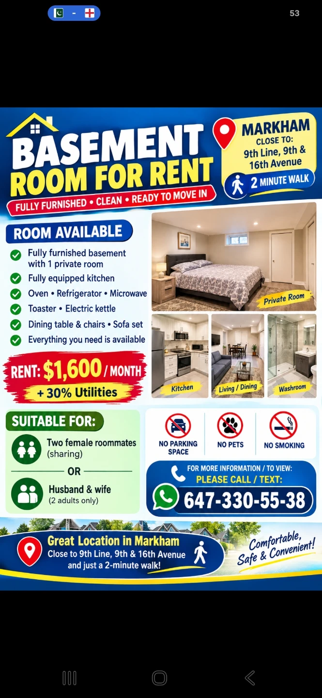 Fully furnished one bedroom basement for rent.