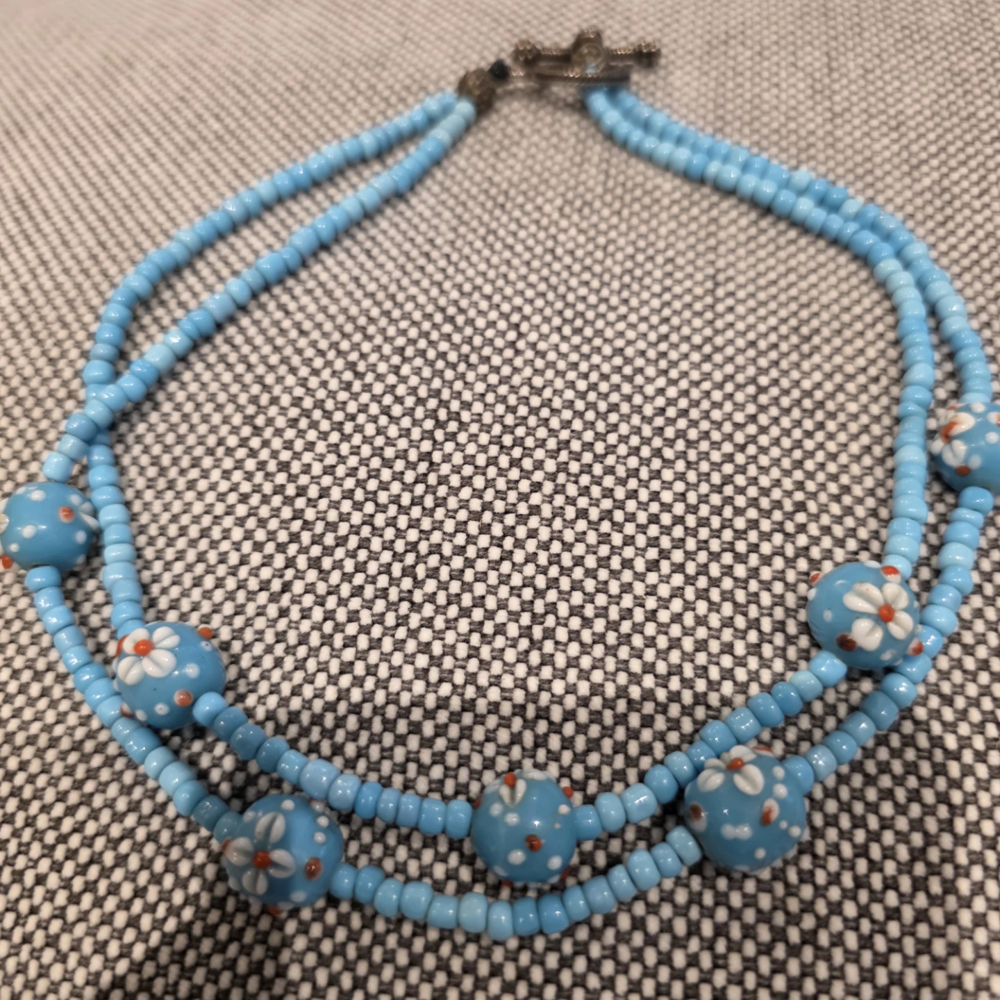 Vintage 1999 Blue Beaded Necklace with Floral Beads
