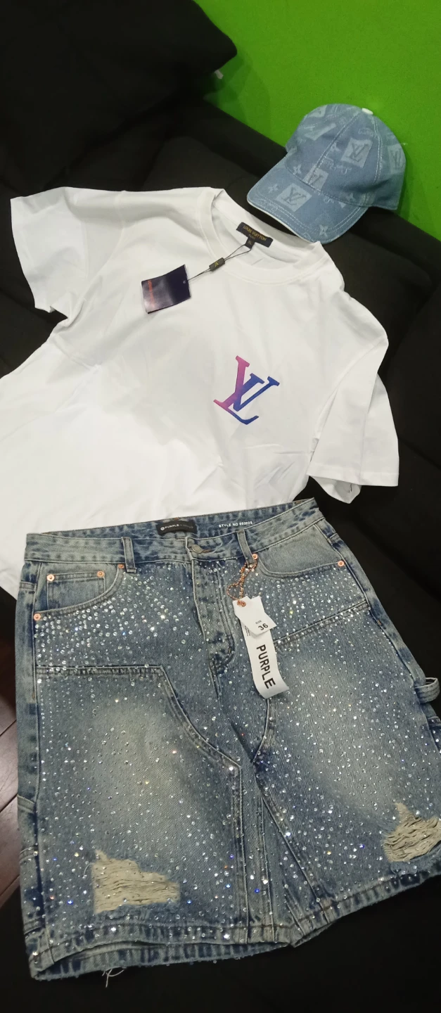 Louis Vuitton t-shirt caps and Purple jeans