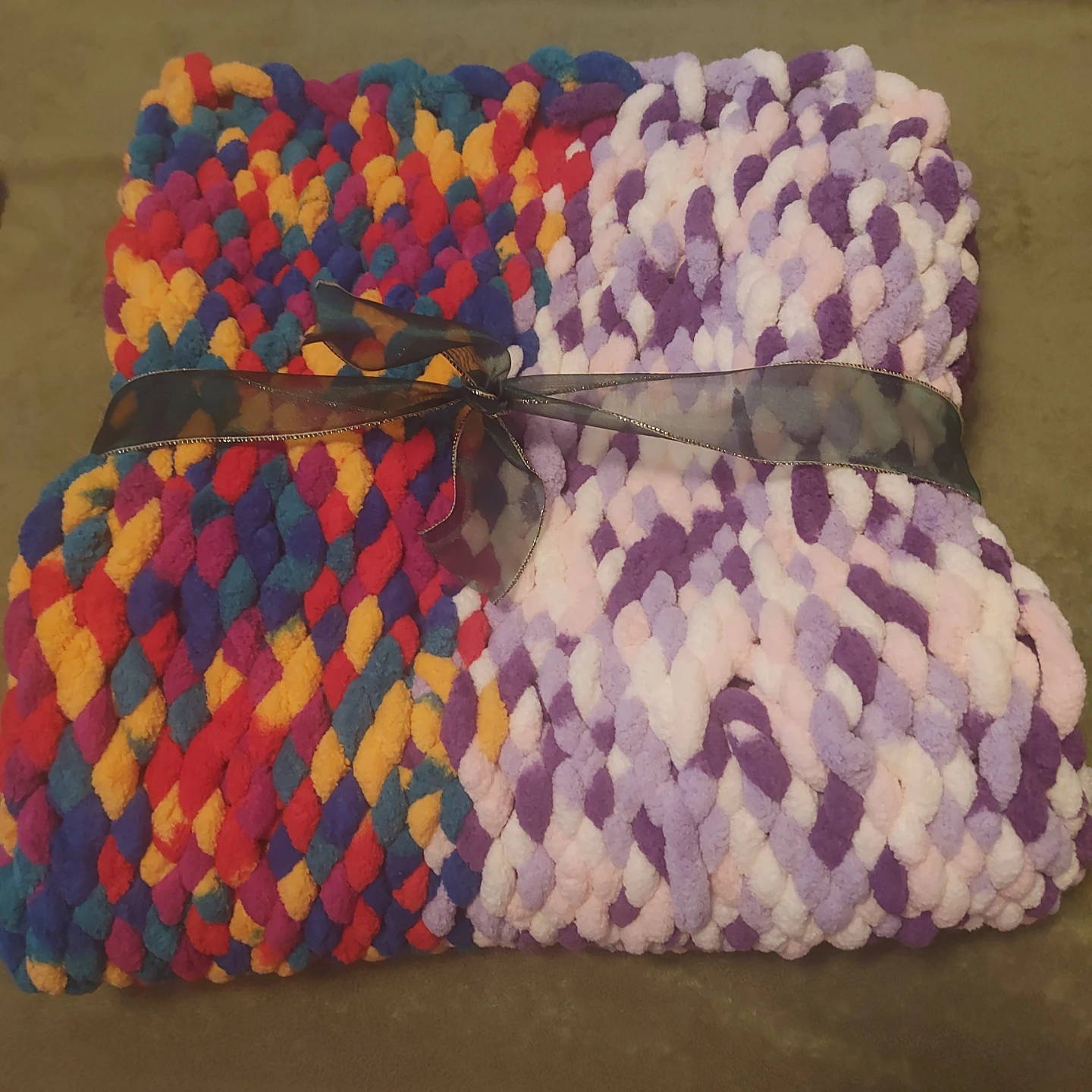 Hand-knitted Multicoloured Chunky Throw Blanket