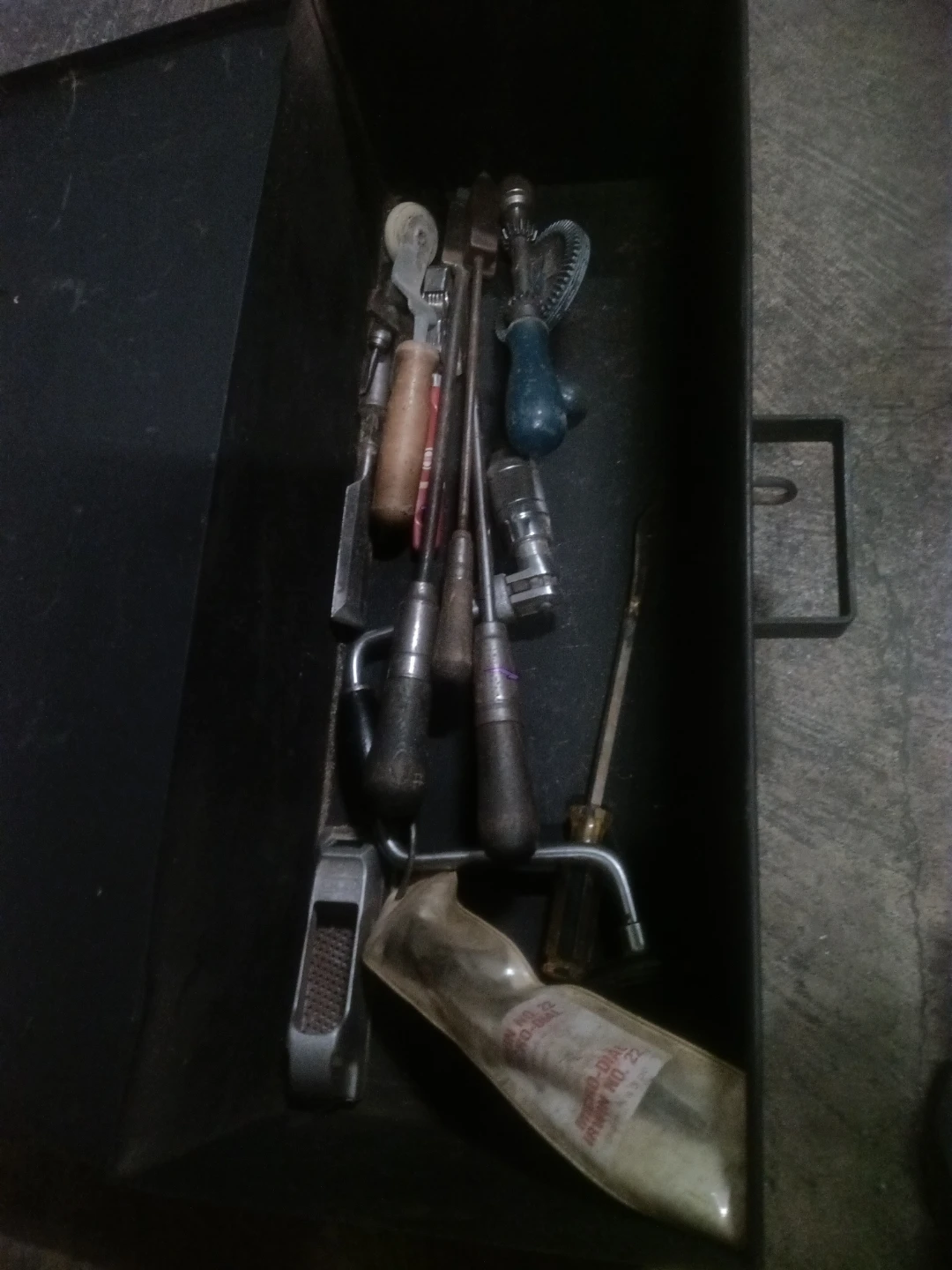 Vintage Metal Toolbox with Assorted Tools