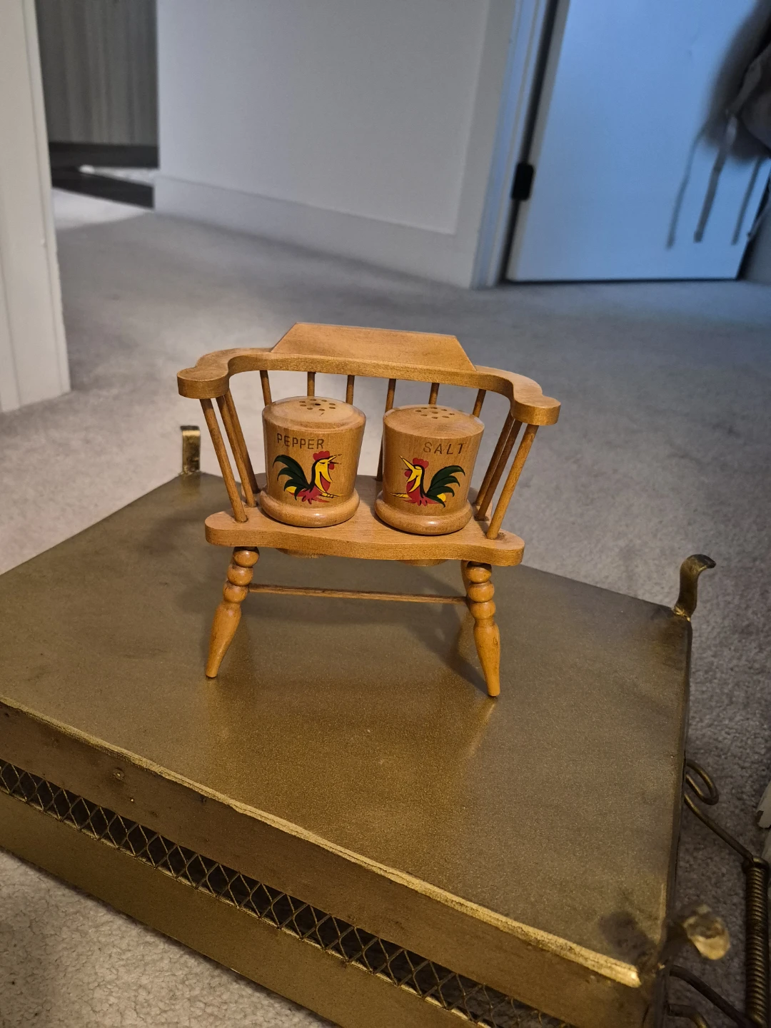 Vintage Wooden Rooster Salt and Pepper Shakers with Bench - photo 3