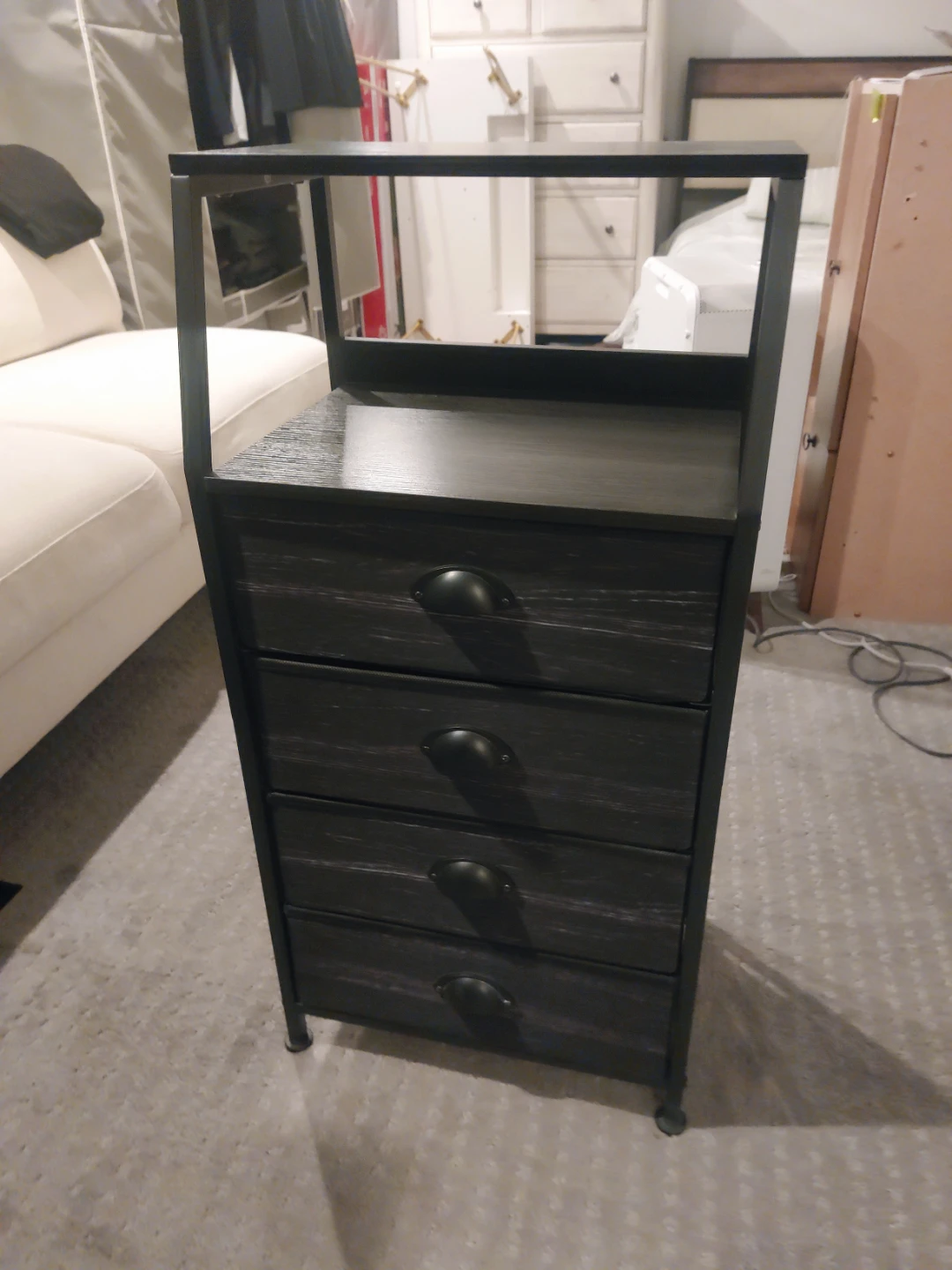 Black Metal and Wood 4-Drawer Storage Tower
