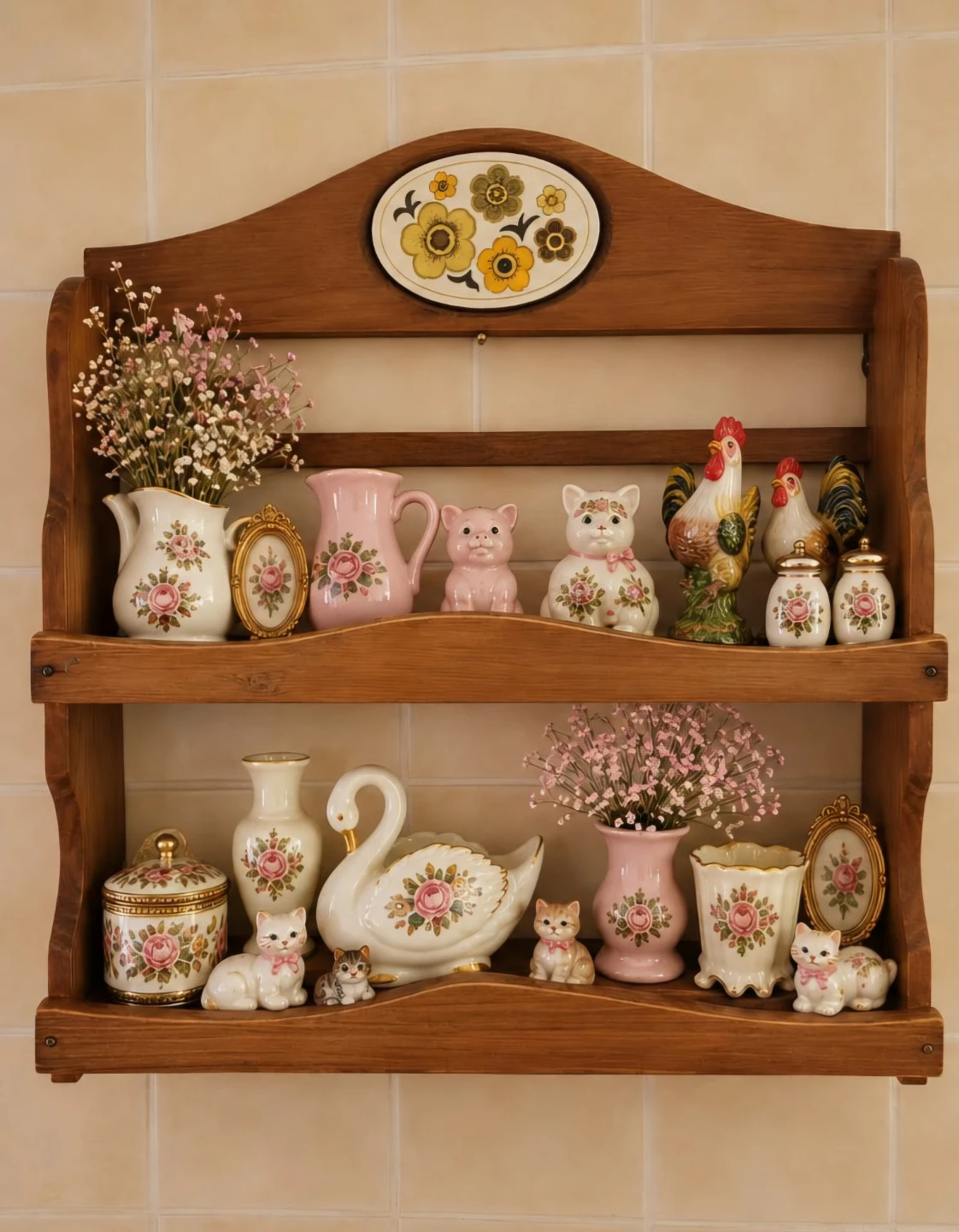 Vintage Wooden Wall Shelf with Floral Accent - photo 5