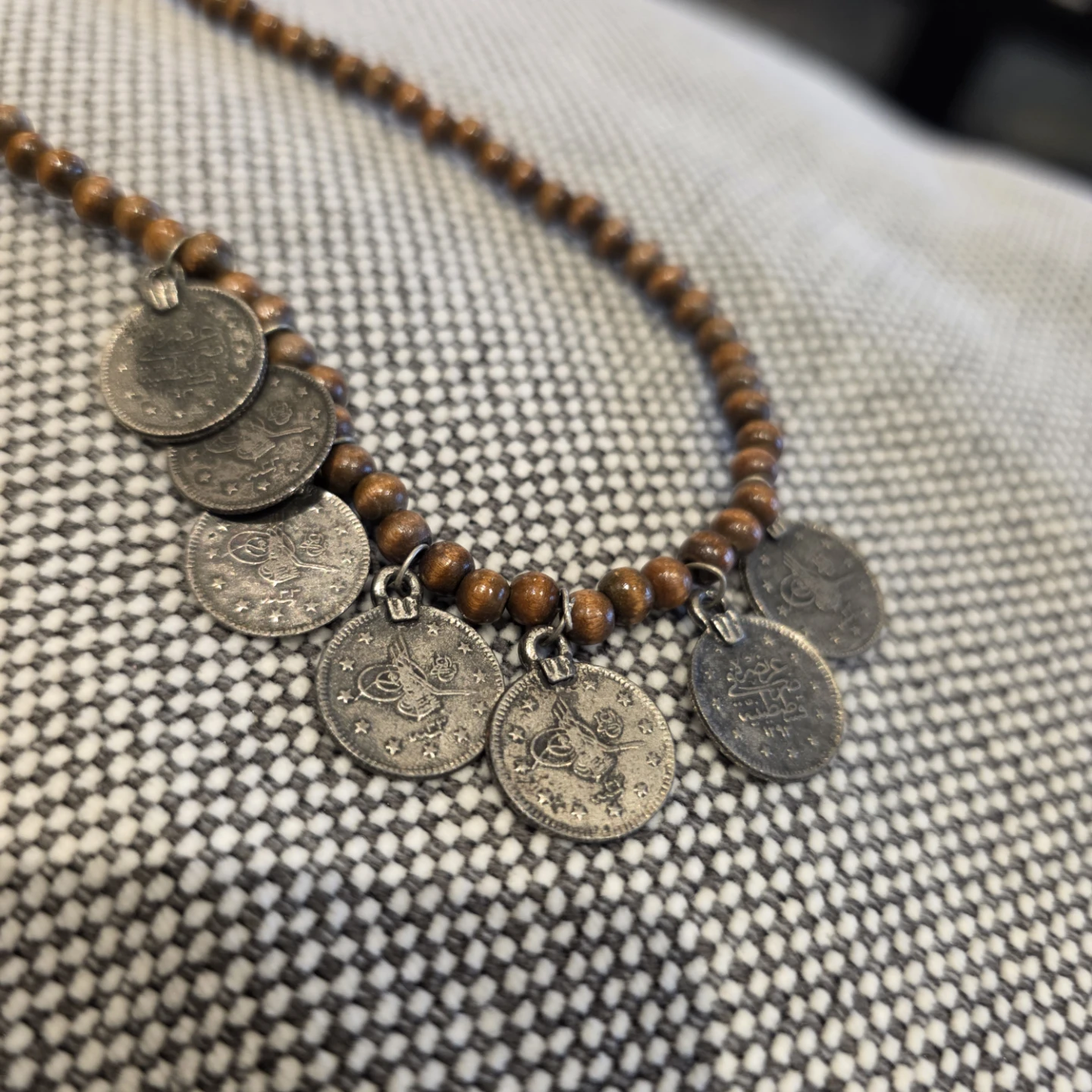 Vintage Wooden Beaded Necklace with Coin Charms - photo 3