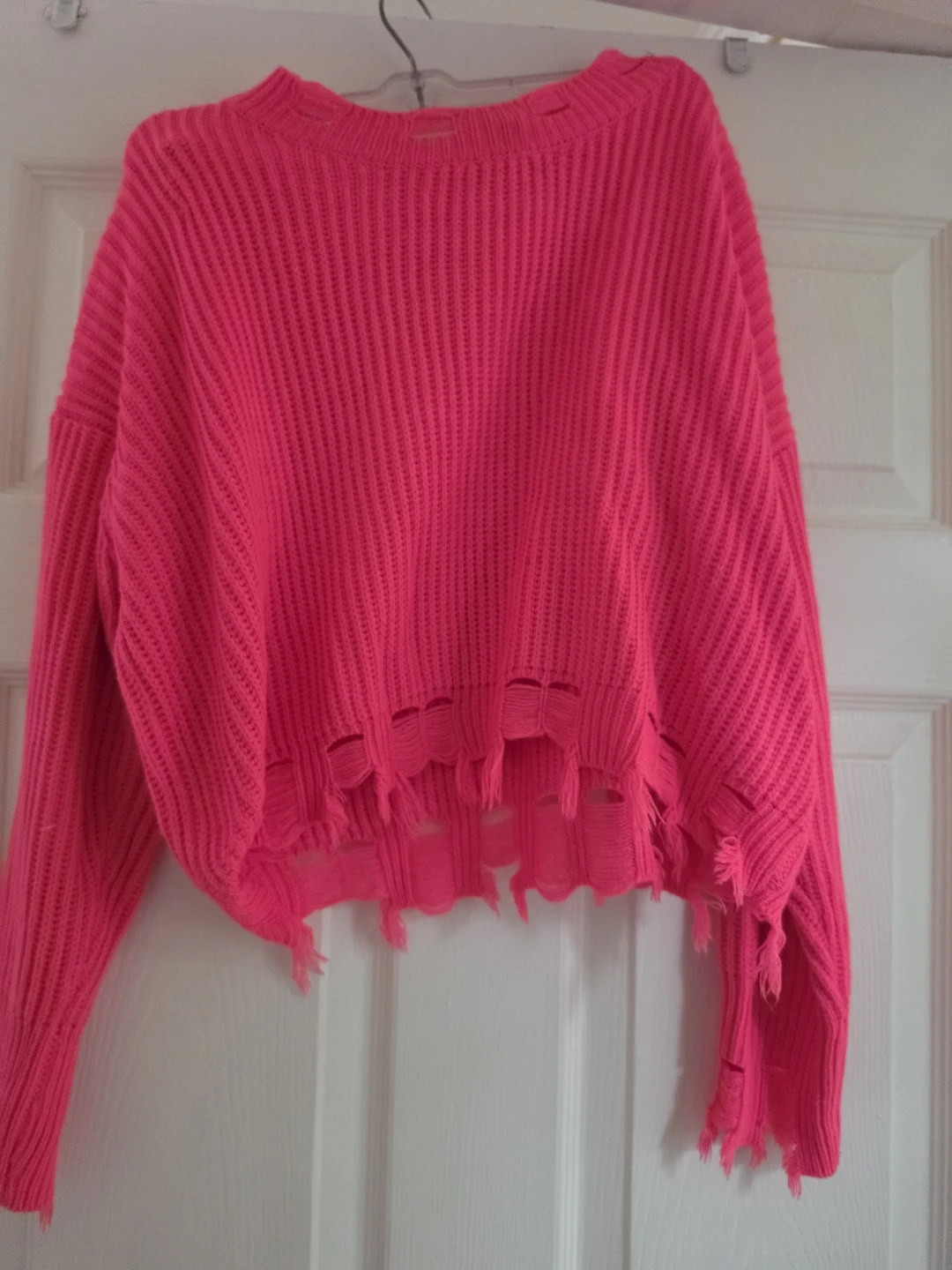 Neon Pink Distressed Knit Sweater