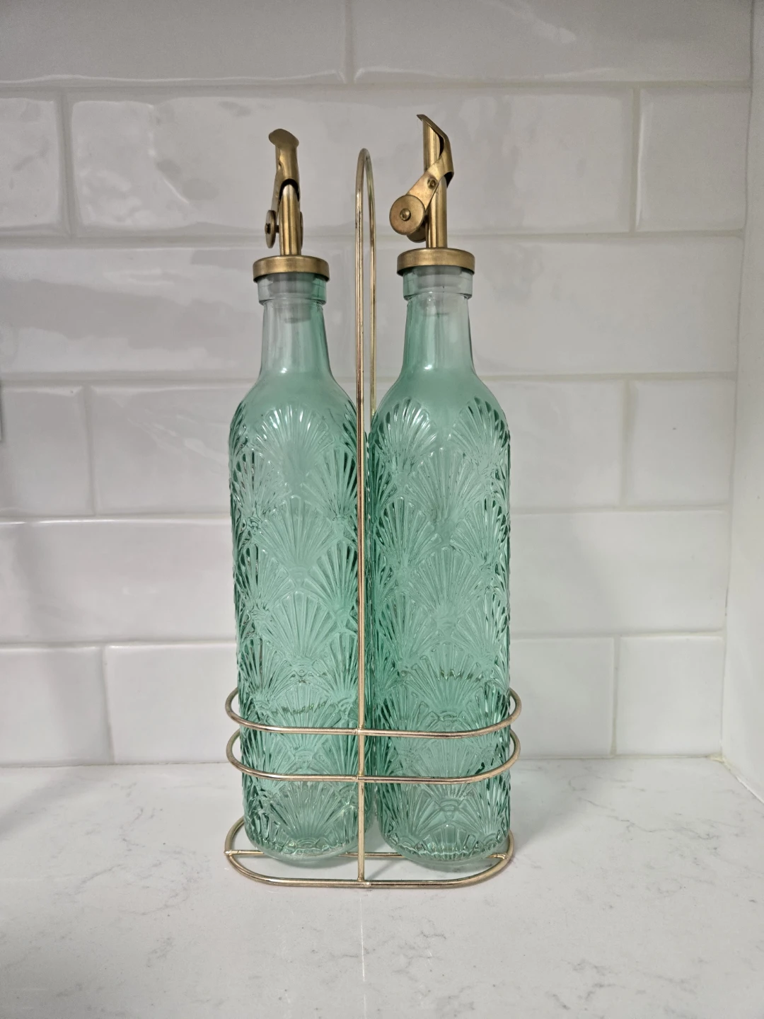 New Set of Two Embossed Glass Oil and Vinegar Dispensers