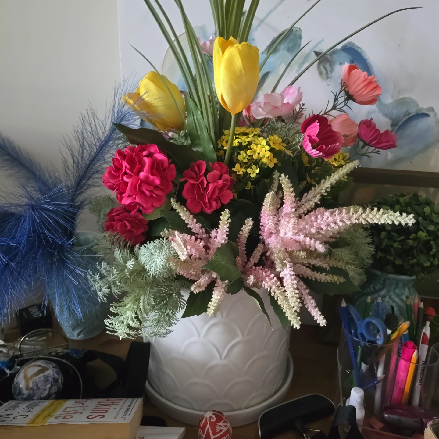 Artificial Floral Arrangement in White Scalloped Vase