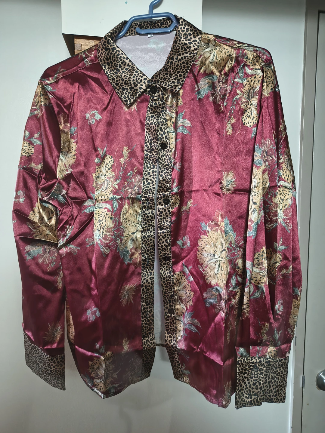 Burgundy Floral Satin Shirt with Leopard Print Trim - photo 2