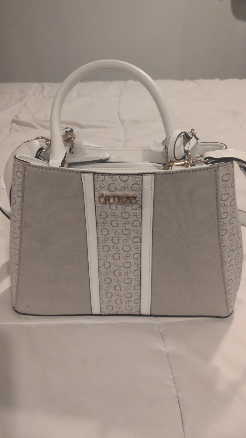 GUESS White and Beige Logo Satchel Handbag