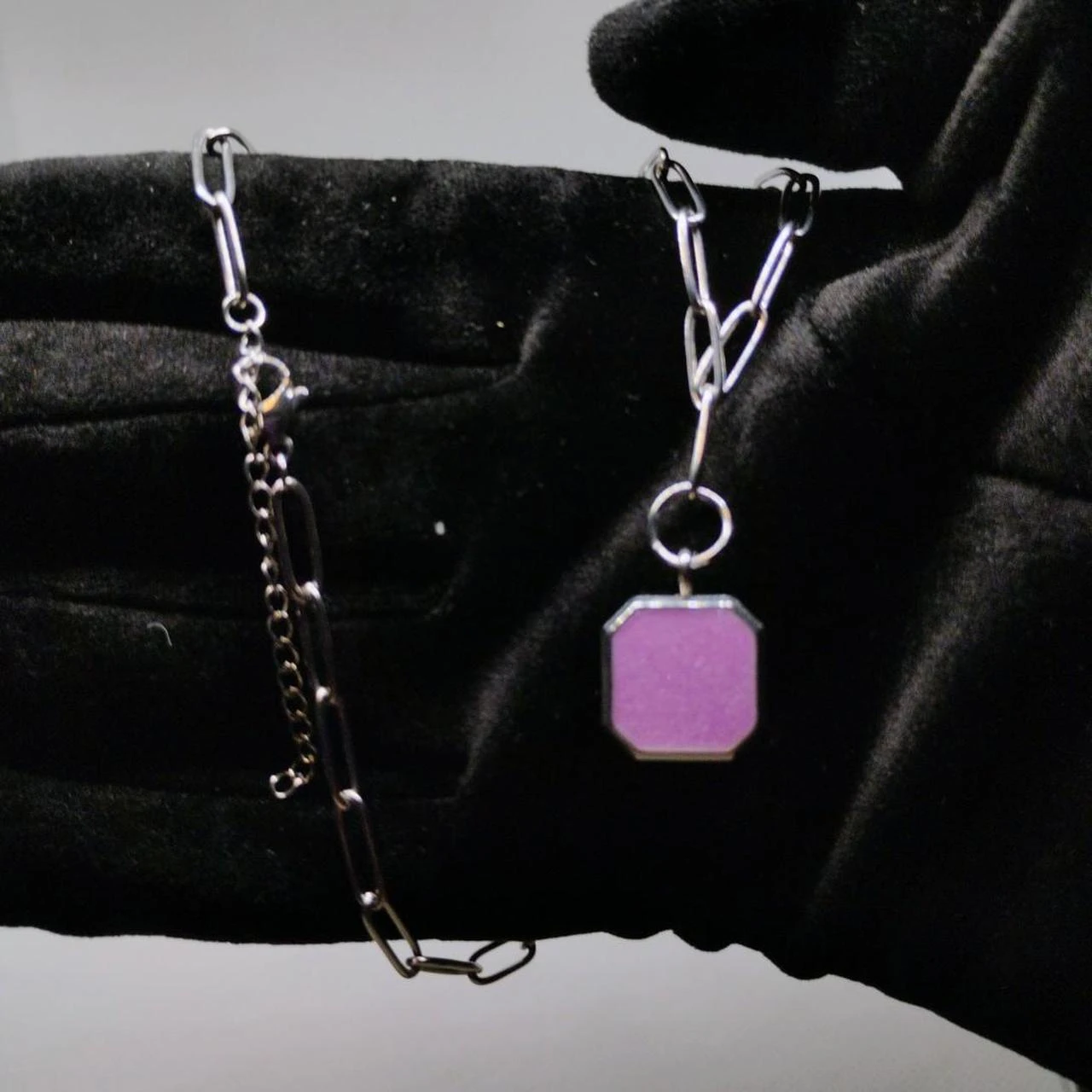 Purple Boho Pendant & Paperclip Necklace in Stainless