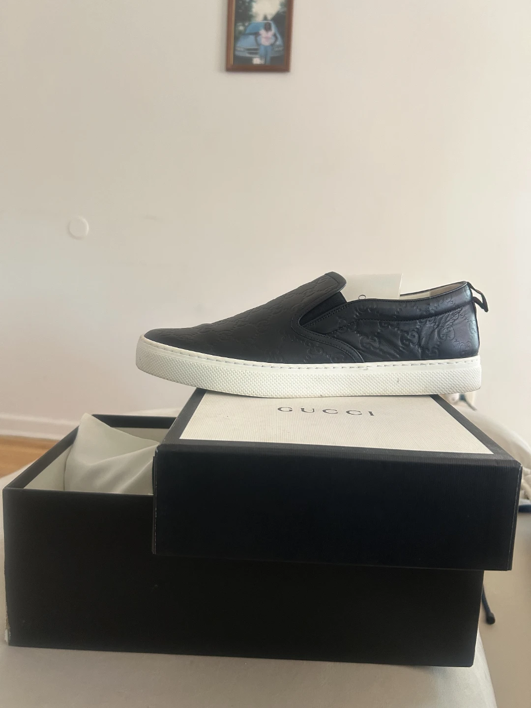 Gucci Black Leather Slip-On Sneakers