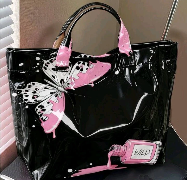 Black and Pink Butterfly Print Tote Bag