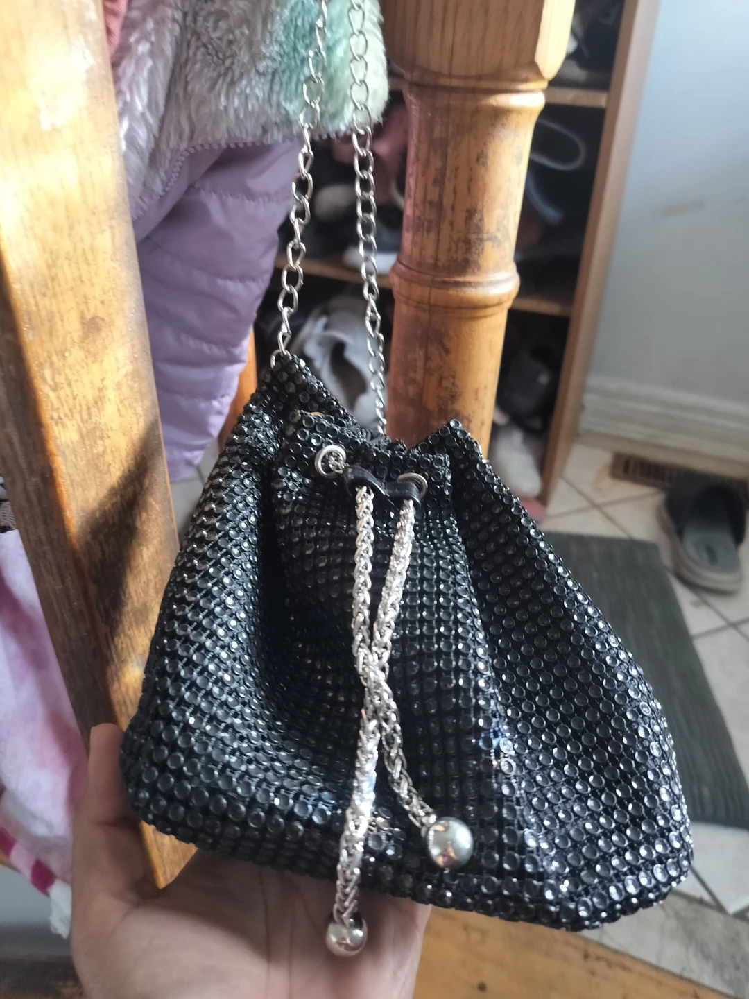 🏈Black Rhinestone Drawstring Pouch Bag