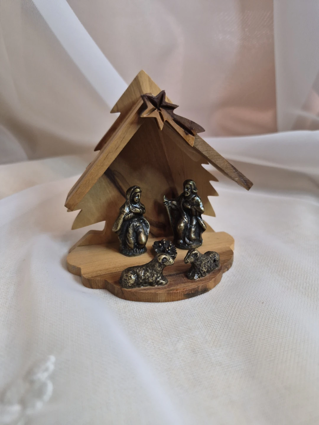 Beautiful Vintage Metal Figurines on Olive Wood Nativity Scene