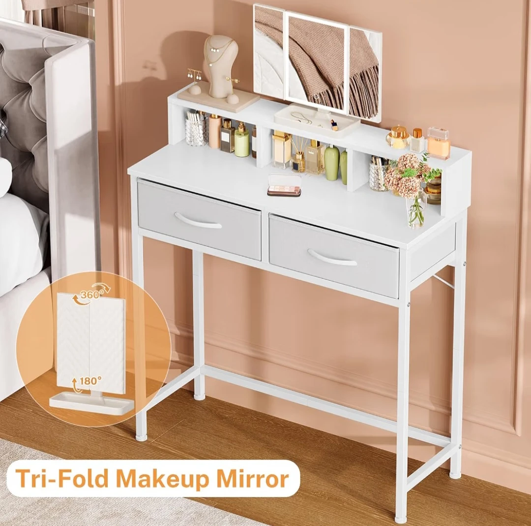 Makeup Vanity Desk With Tri‑Fold Lighted Mirror - photo 3