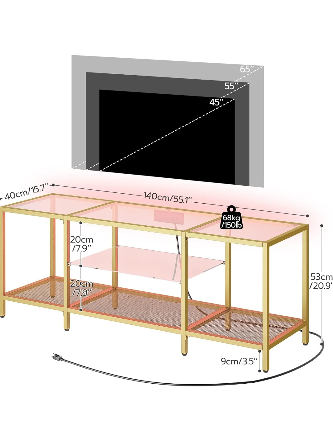 Gold Glass TV stand Table with Charging Station - photo 3
