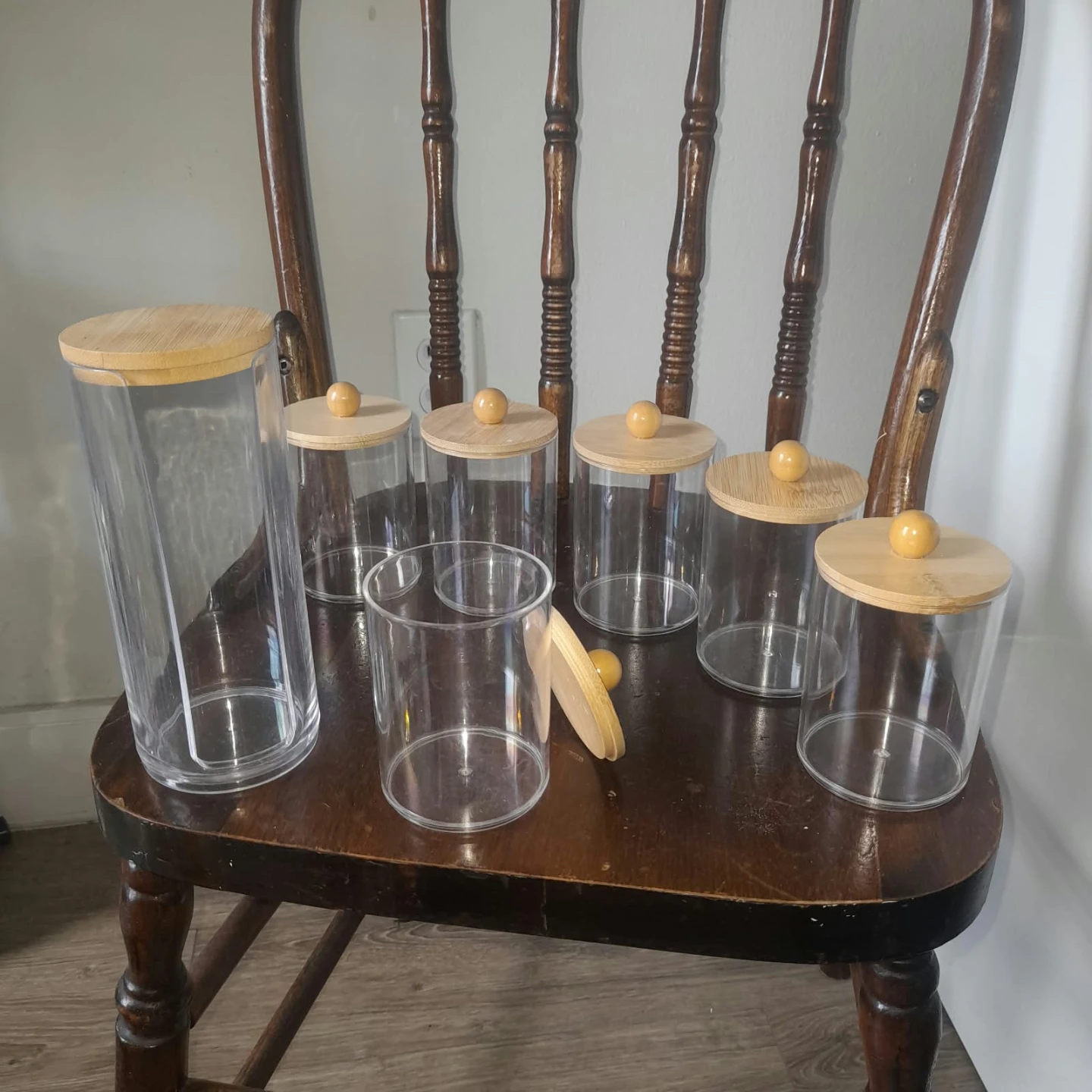 Set of 7 Clear Canisters with Wood Lids