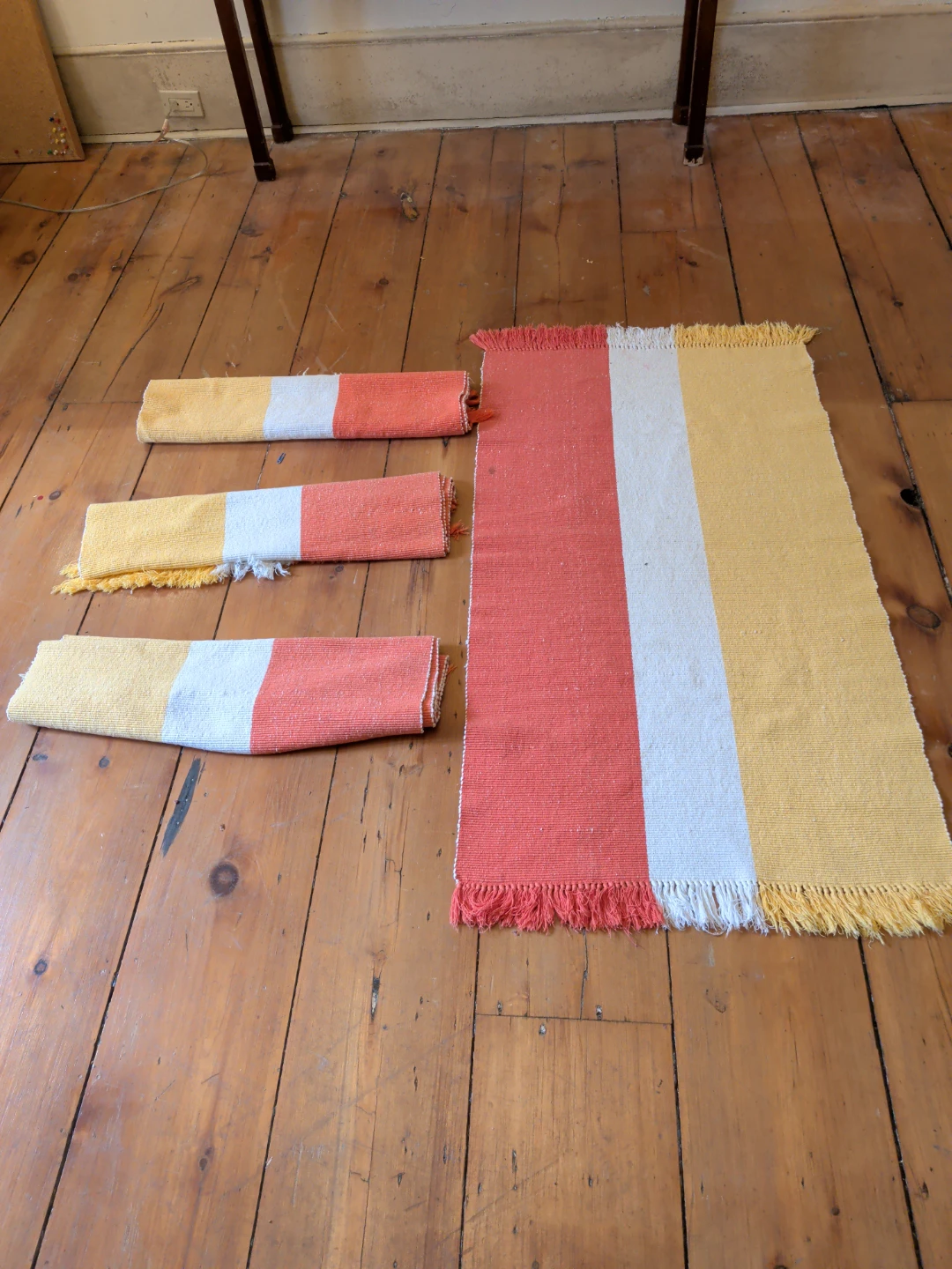 Set of 4 Vintage Style Retro Striped Cotton Rugs / Mats