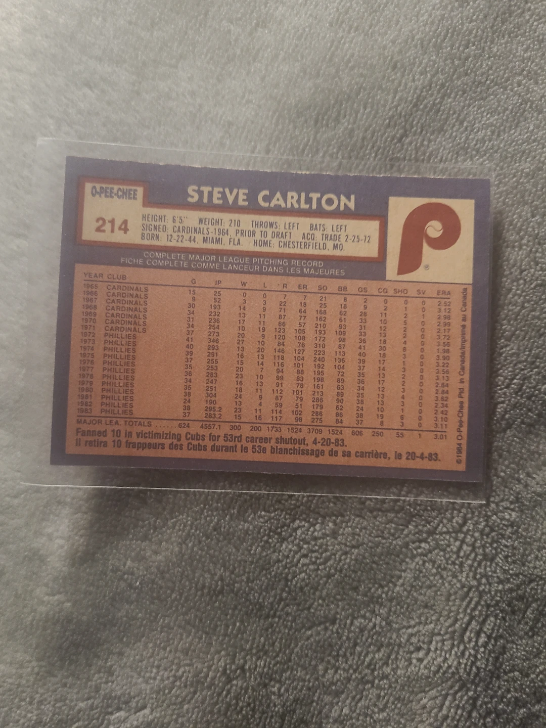 1984 O-Pee-Chee Steve Carlton #214 Baseball Card - photo 2