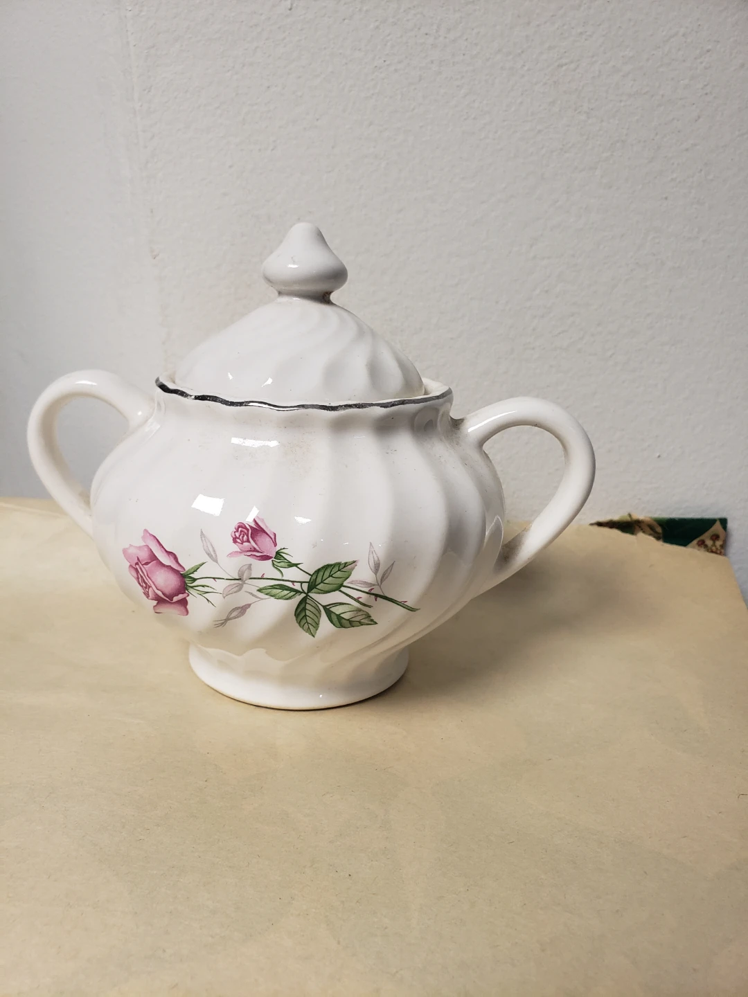 Vintage Rose Pattern Sugar Bowl