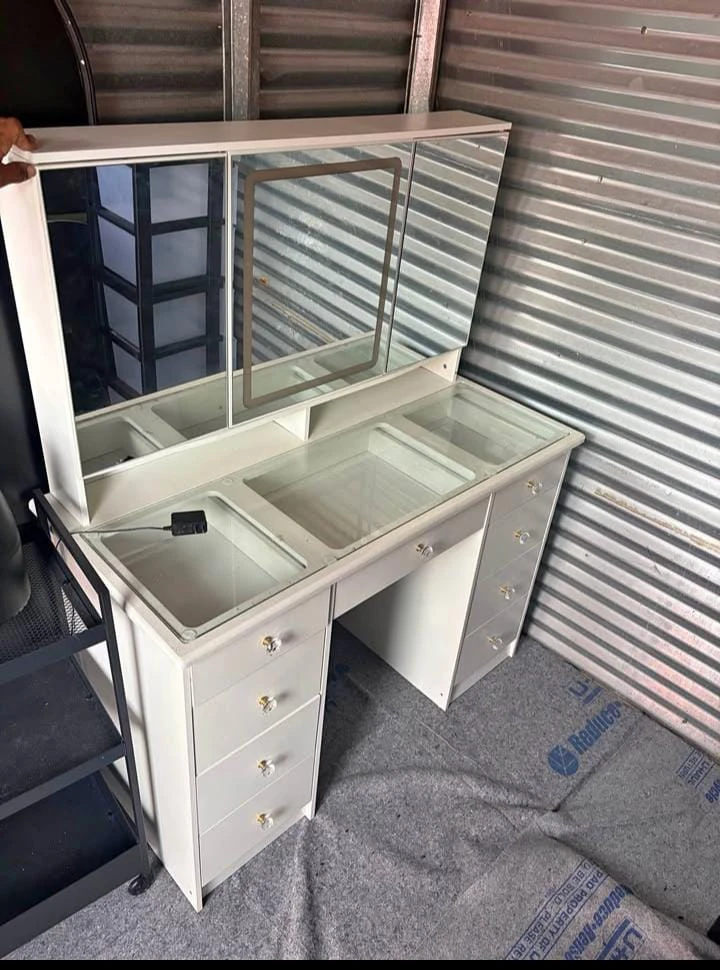 White Vanity Table with Tri-Fold Mirror and Drawers
