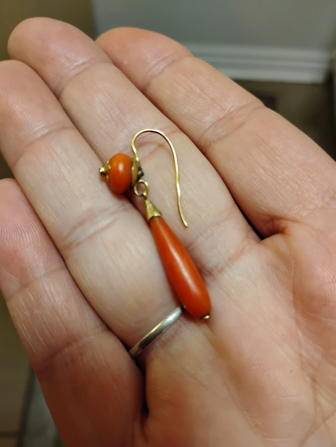 Vintage Real Gold and Red Coral Drop Earrings - photo 2