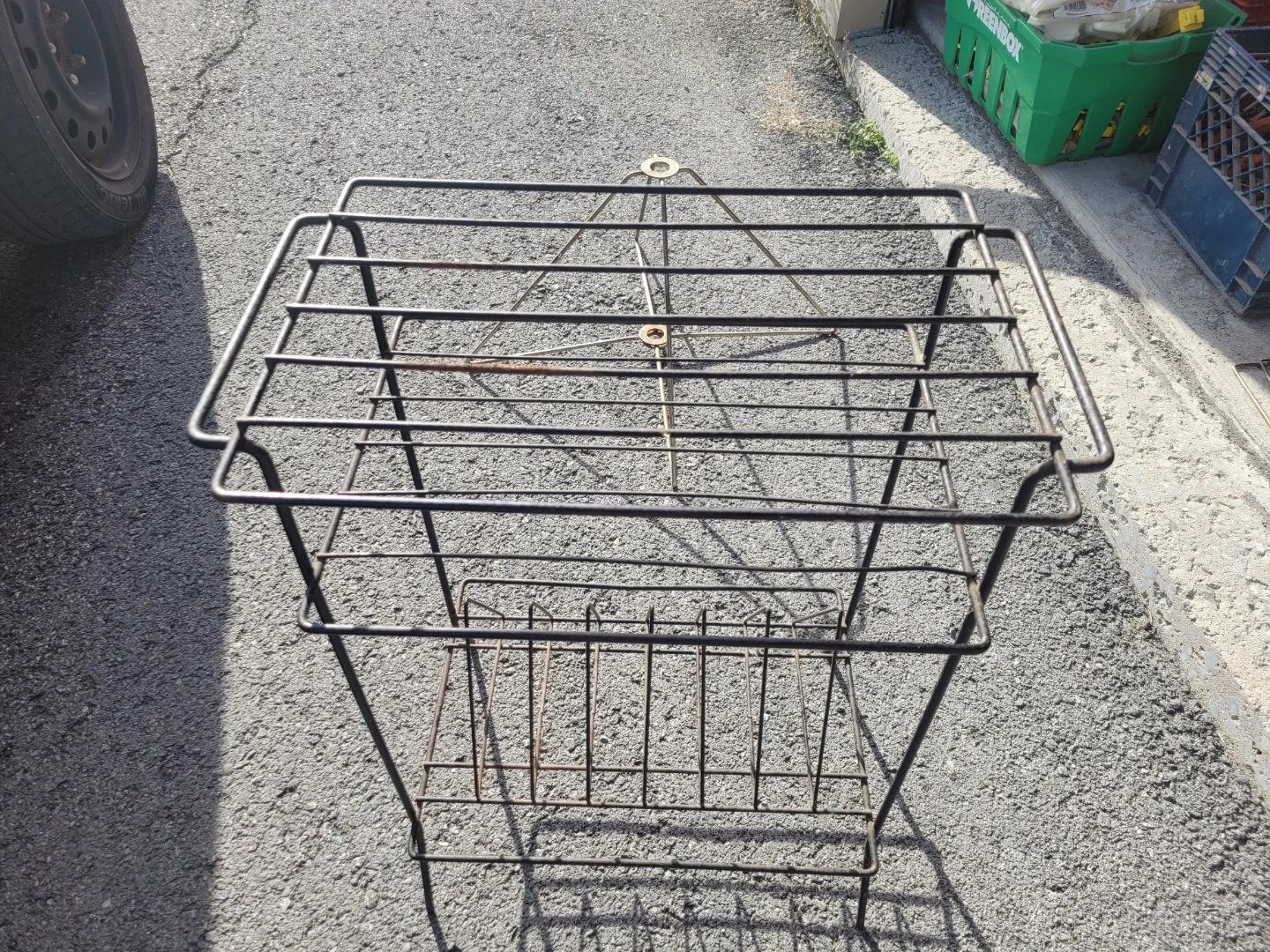 Vintage Black Metal Wire Record Player and Record Stand