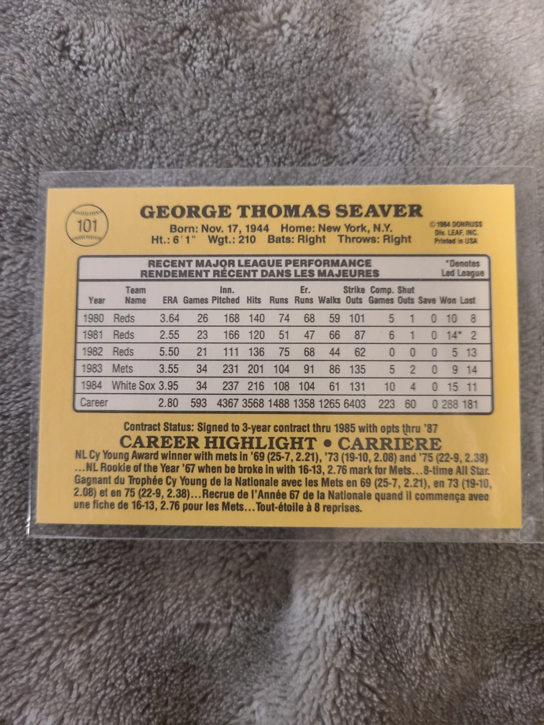 1985 Donruss Tom Seaver Baseball Card #101 - photo 2
