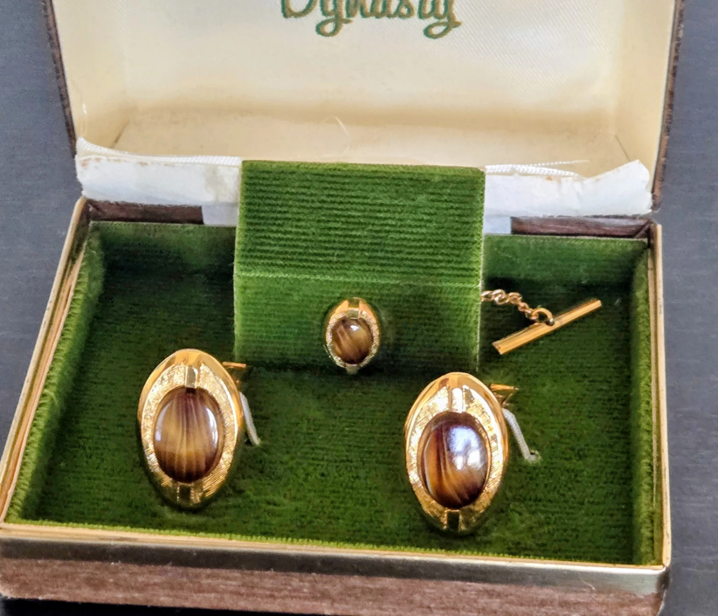 Vintage 1960's "Dynasty" Cufflinks/Tie Tack Set, Tigers Eye - photo 4