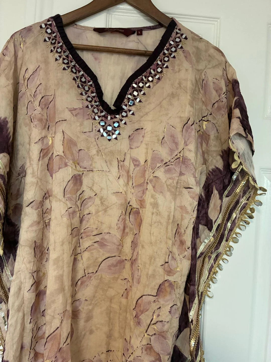 Beige and purple Kaftan with Leaf Print and Embellished Neckline