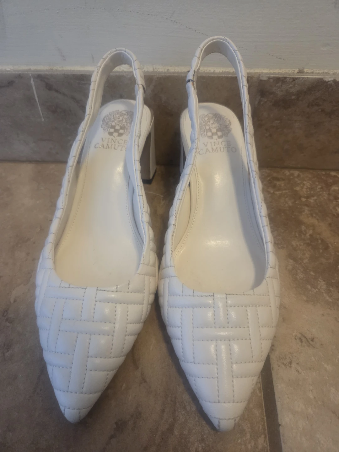 Vince Camuto White Quilted Slingback Heels