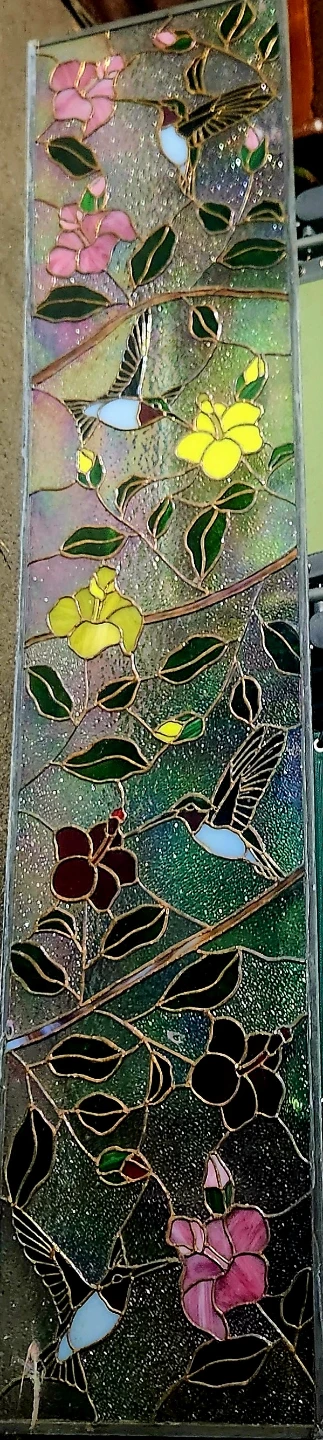 Vintage Stained Glass Panel – Hummingbird & Hibiscus Sidelight