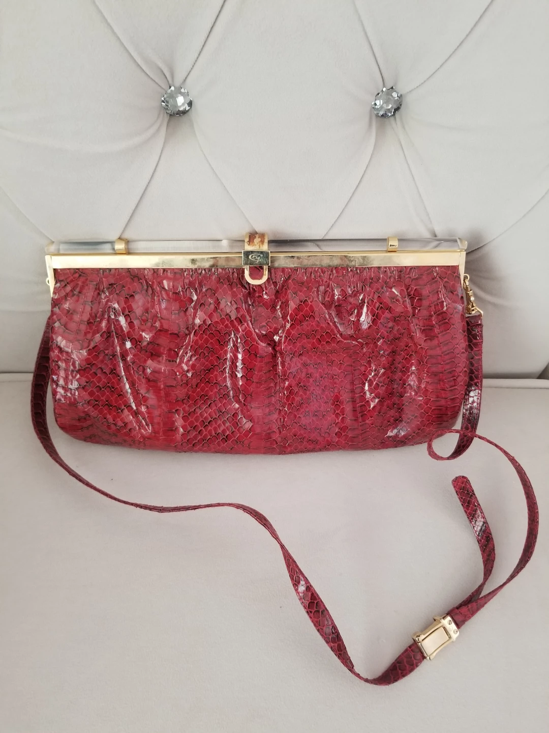 Red Real Snakeskin Pattern Clutch with Strap