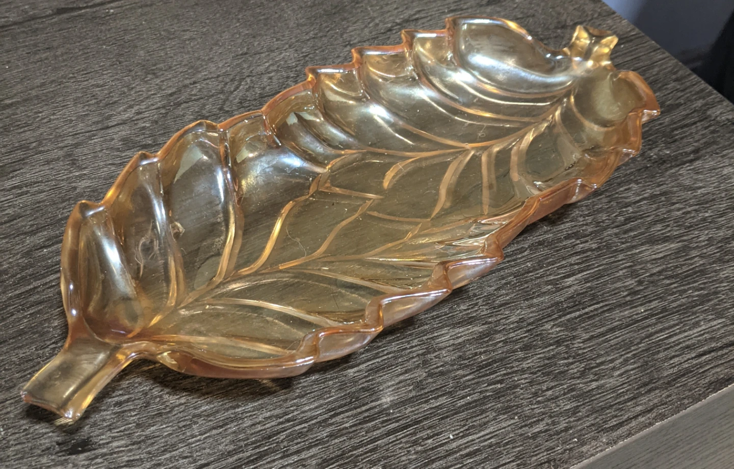 Amber Leaf-Shaped Glass Dish