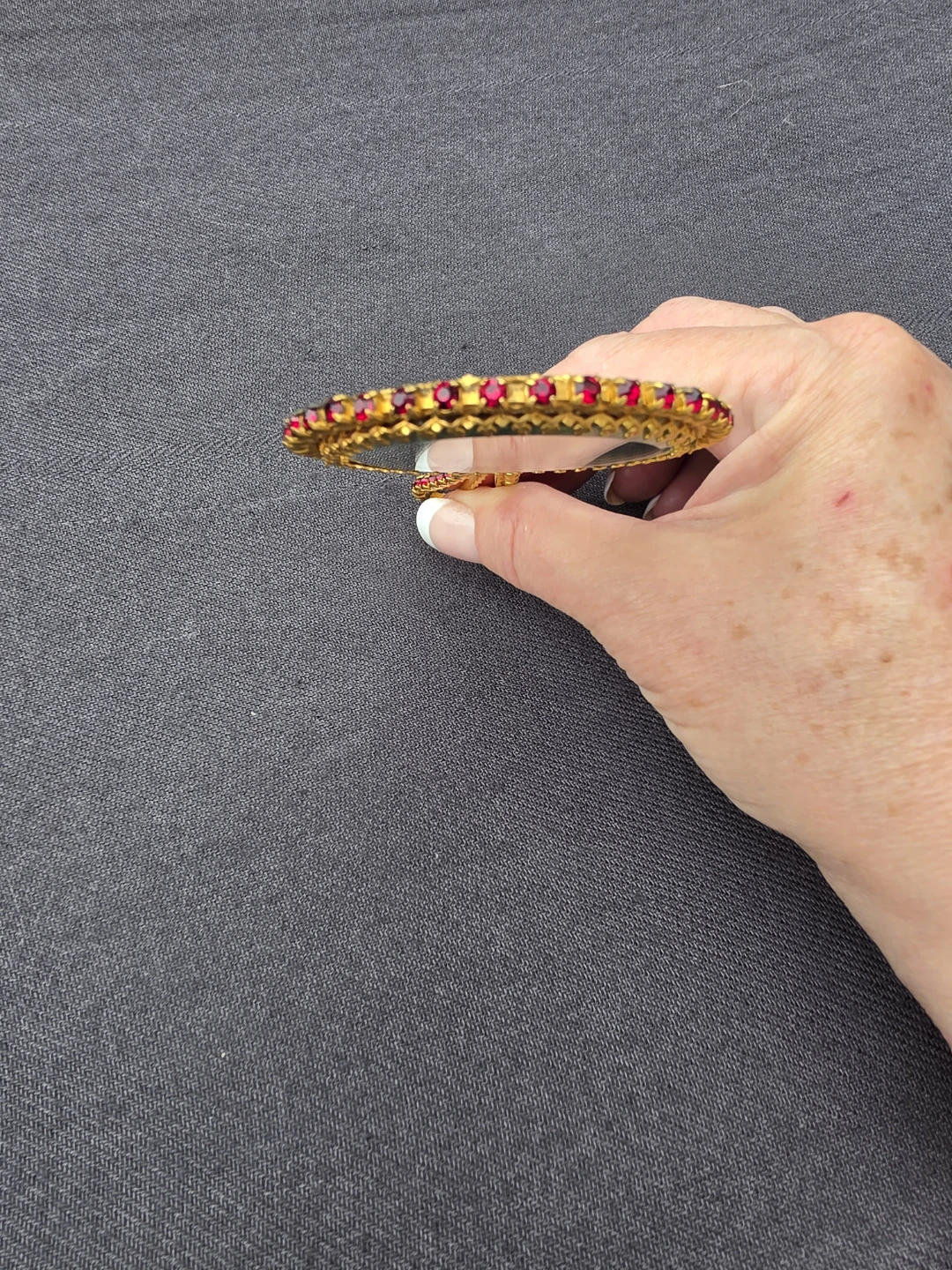 Vintage Gold Tone Hand Mirror with Red Rhinestones - photo 4