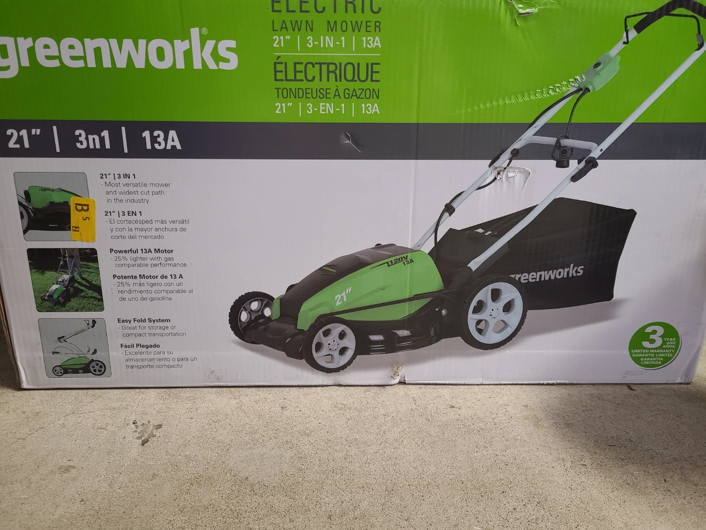 New in box Greenworks 21-Inch 13 Amp Corded Lawn Mower - photo 3
